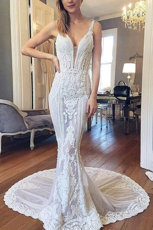 Lujosos vestidos de novia con escote en V y encaje de sirena color marfil 
