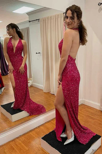 Vestidos de fiesta largos de sirena, sexys, sin espalda, con lentejuelas, escote en V y sin mangas 