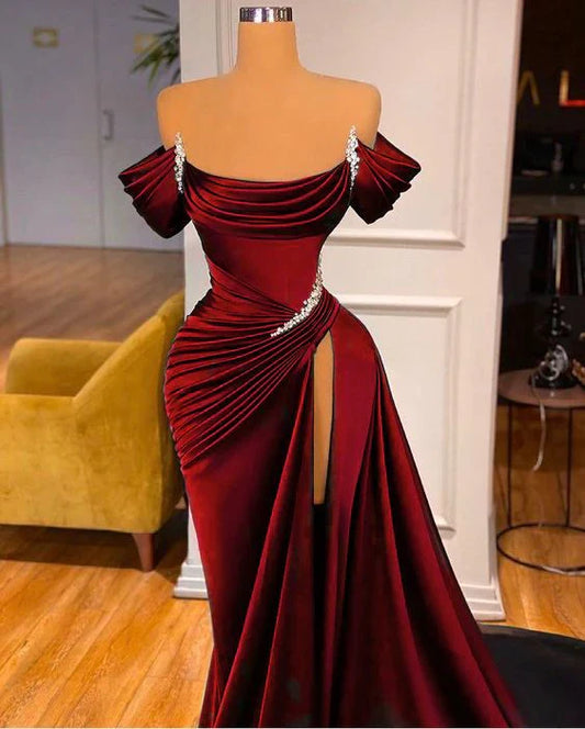 Luxurious Burgundy Satin Off-Shoulder Rhinestone Ruffle High-Slit Mermaid Prom Dress