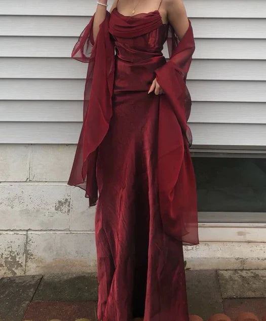 Luxurious Burgundy Satin Spaghetti Strap Sheer Cape Back Floor-Length Prom Dress