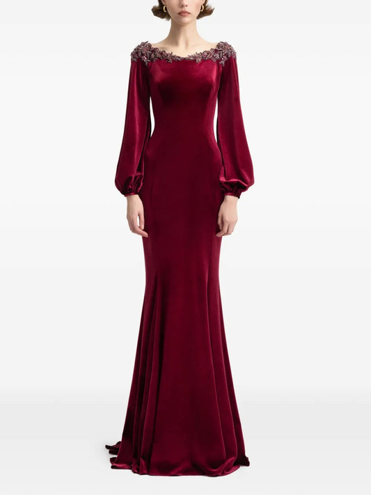 Luxurious Burgundy Velvet Embellished Prom Dress