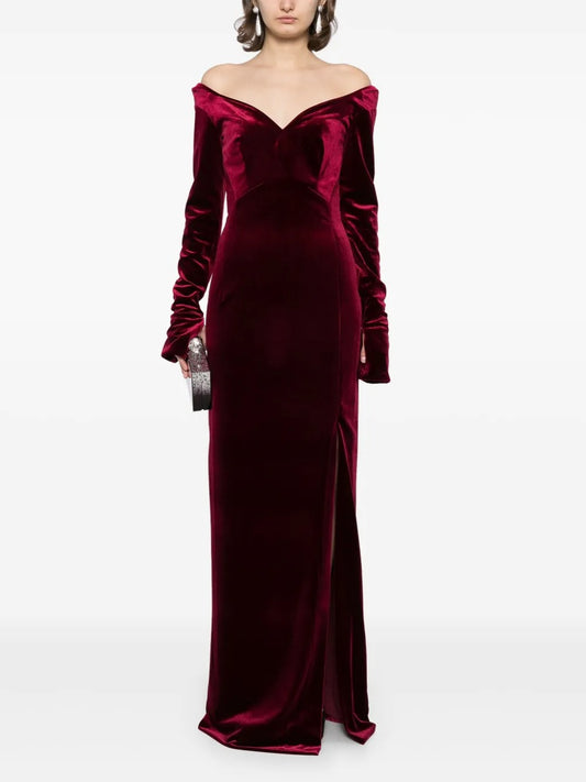 Luxurious Burgundy Velvet Off-the-Shoulder Prom Dress
