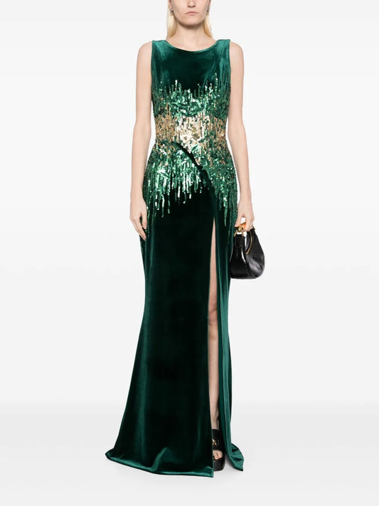 Luxurious Emerald Green Velvet Sequin-Embellished Prom Dress