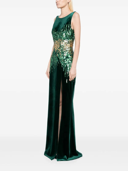 Luxurious Emerald Green Velvet Sequin-Embellished Prom Dress