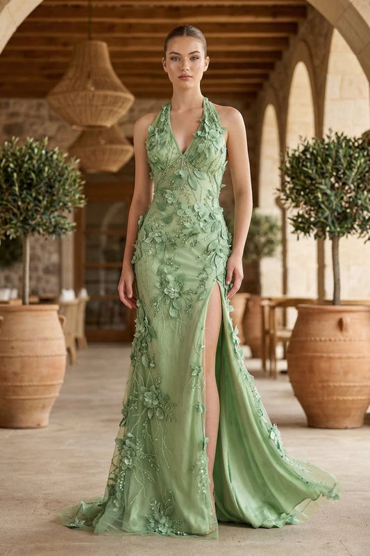 Luxurious Halter Neck Backless 3D Floral Embellished Mermaid Maxi Prom Dress with Side Slit and Trailing Train
