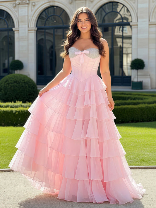 Luxury Blush Prom Dresses with Strapless Sequin Bodice and Tiered Ruffle Skirt