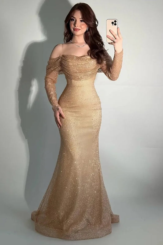 Luxury Champagne Prom Dresses with Sequin Fabric Off Shoulder Long Sleeve and Mermaid Skirt