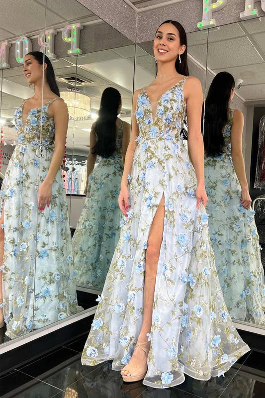 Luxury Light Blue Evening Dresses Deep V Neck with Tulle Silhouette and 3D Floral Appliqués