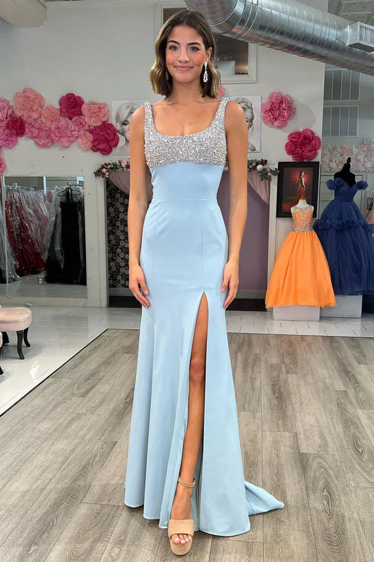 Luxury Light Blue Evening Dresses Square Neck with Stretch Fabric Mermaid Silhouette and Beaded Bodice