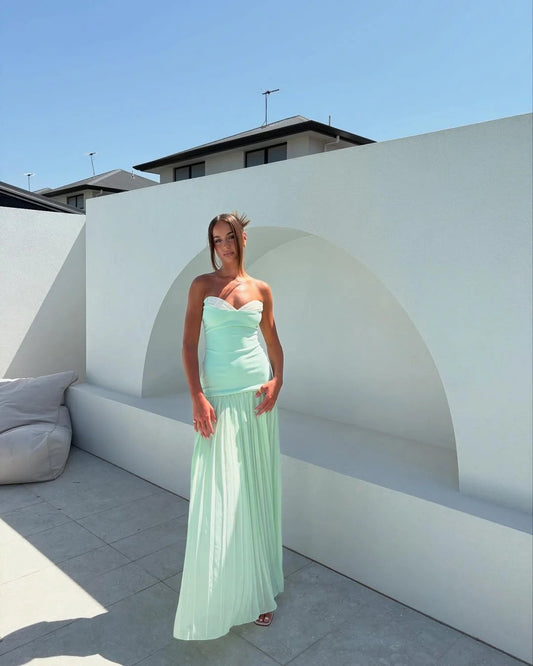 Luxury Mint Prom Dresses with Satin Chiffon Fabric Strapless Contrast Neck and Pleated Skirt