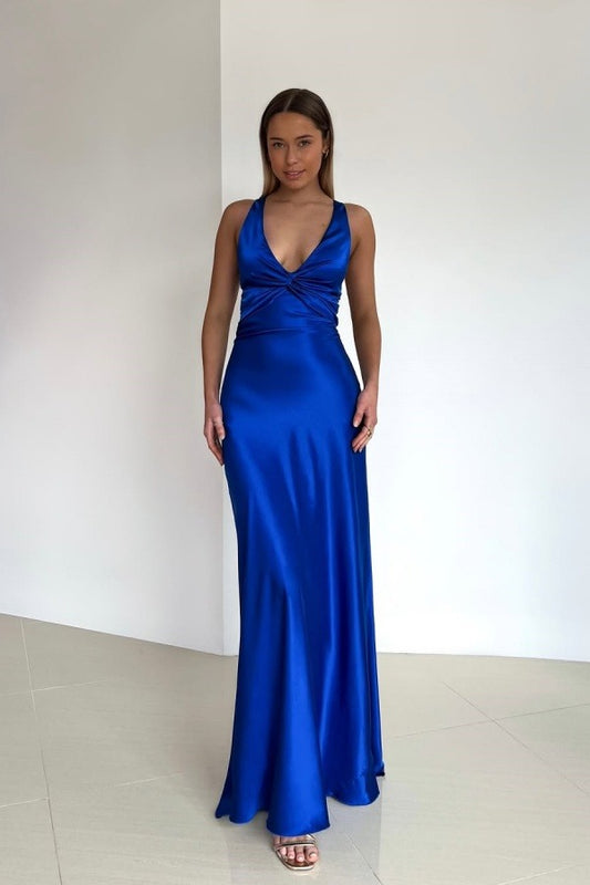 Luxury Royal Blue Prom Dresses with Satin Fabric Halter Neck and Open Back Bow Detail