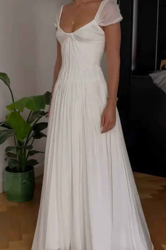 Luxury White Prom Dresses with Chiffon Fabric Sheer Cap Sleeve and Pleated Train