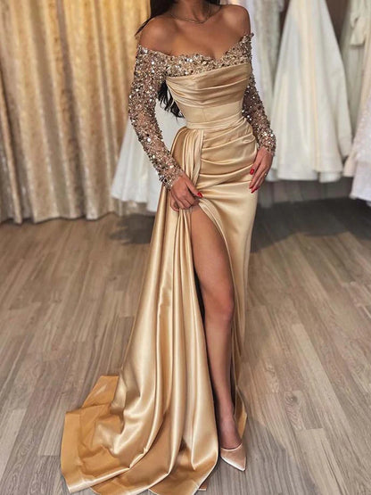 Sheath/Column Off-The-Shoulder Floor-Length Long Prom Dresses With Split Side & Sequins