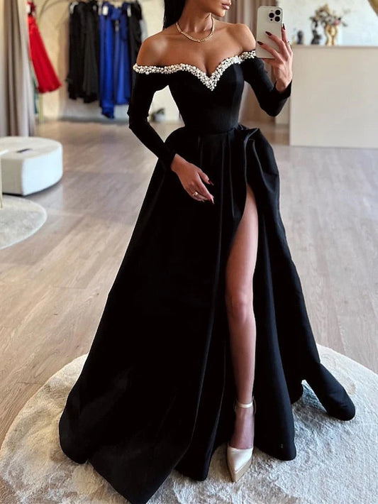 Ball Gown Off-The-Shoulder Floor-Length Long Prom Dresses With Split Side & Beading