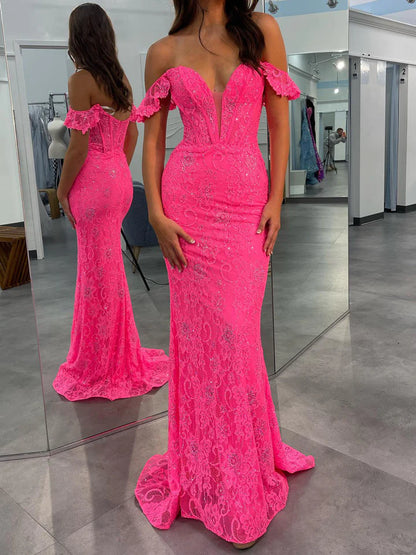 Sheath/Column Off-The-Shoulder Floor-Length Long Dresses With Applique & Sequins