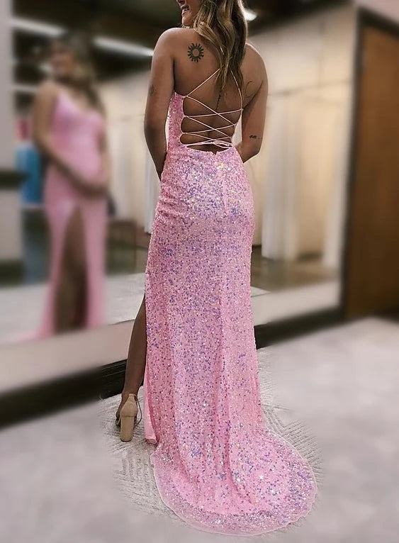 Sheath/Column Spaghetti Straps Floor-Length Prom Dresses