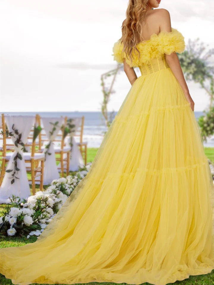 A-Line/Princess Off-The-Shoulder Long Tulle Prom Evening Party Dresses With Ruffles
