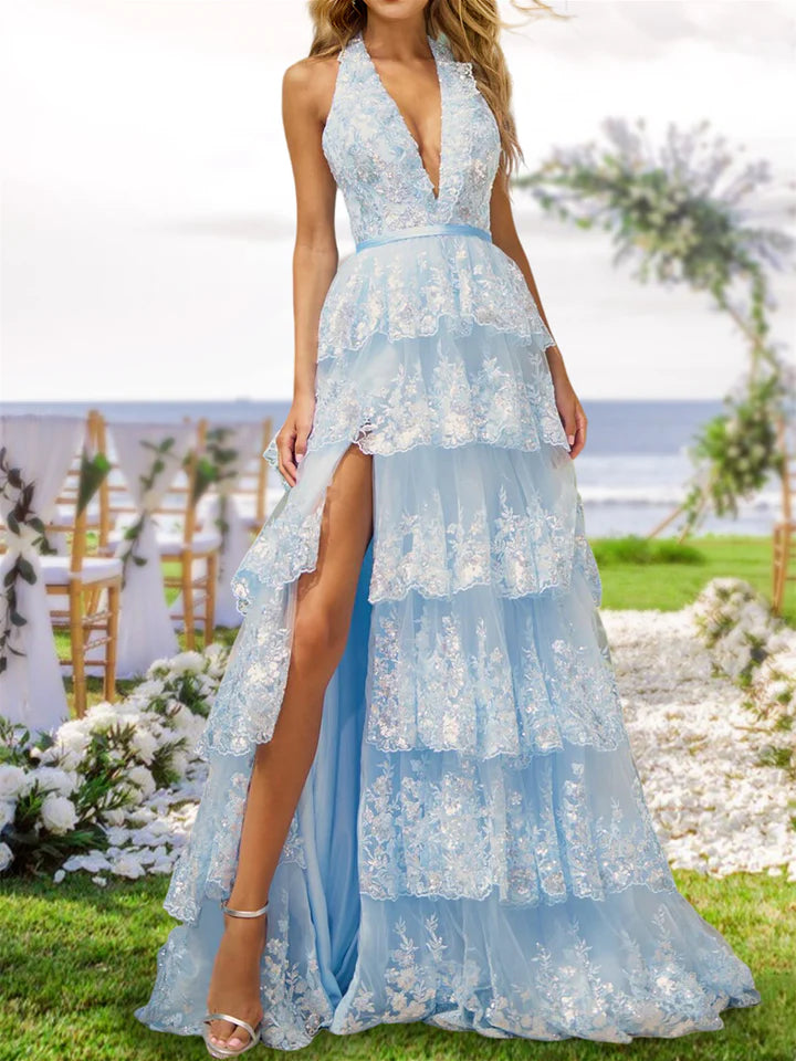 A-Line/Princess Halter V-Neck Long Tiered Prom Evening Party Dresses With Sequins & Split Side