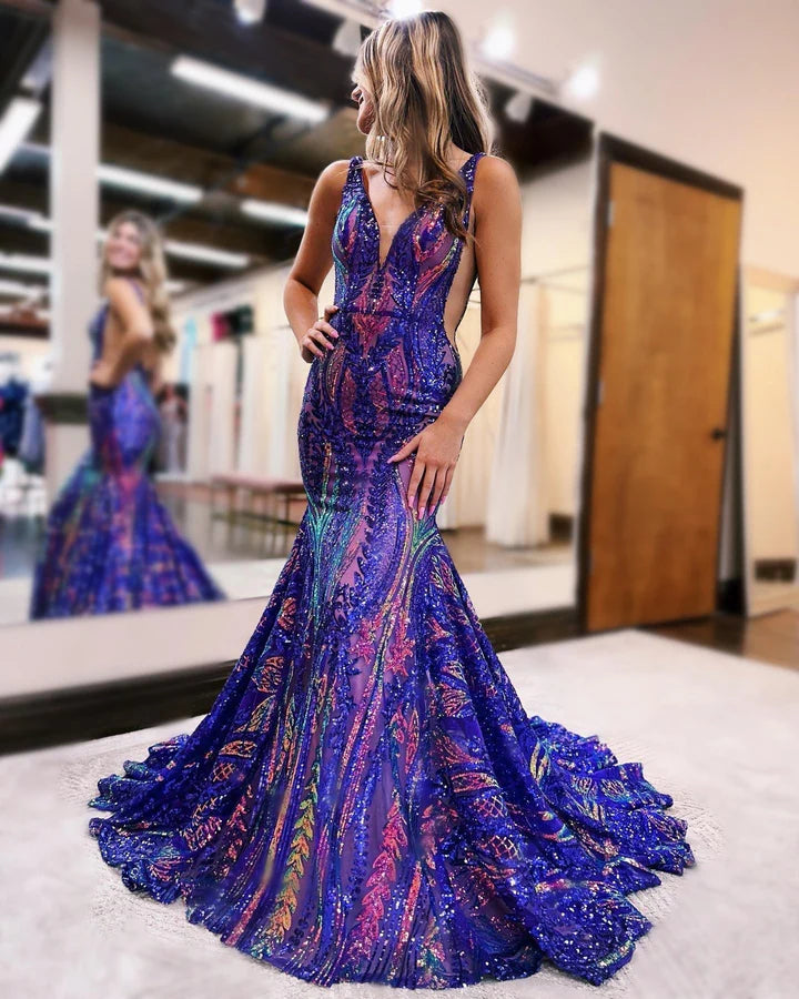 Sparkly Trumpet/Mermaid V-Neck Sleeveless Floor-Length Long Prom Dresses With Sequins