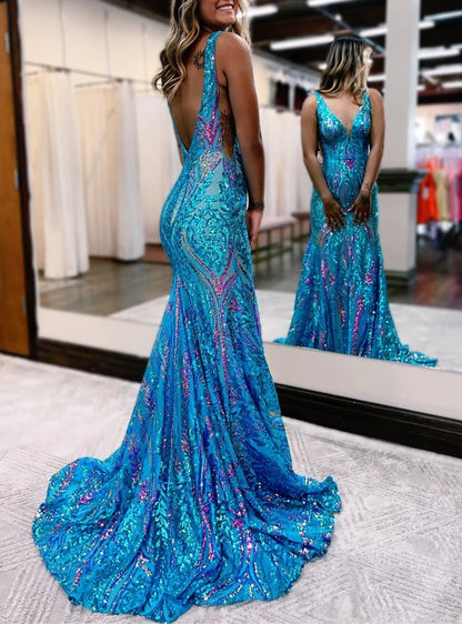 Sparkly Trumpet/Mermaid V-Neck Sleeveless Floor-Length Long Prom Dresses With Sequins