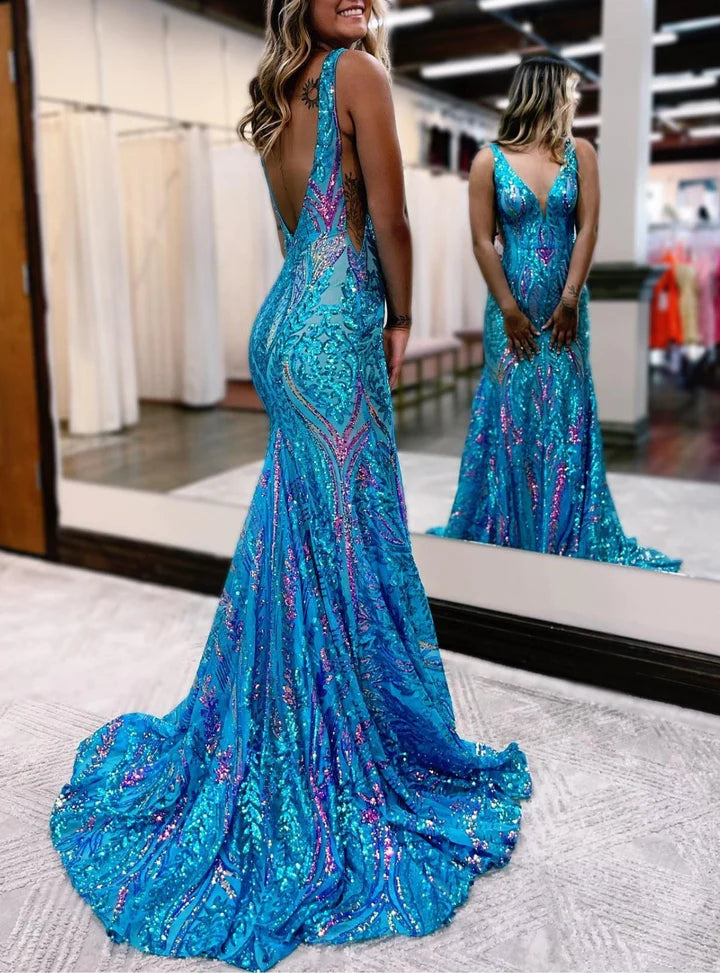 Green Trumpet/Mermaid V-Neck Sleeveless Floor-Length Long Prom Dresses With Sequins