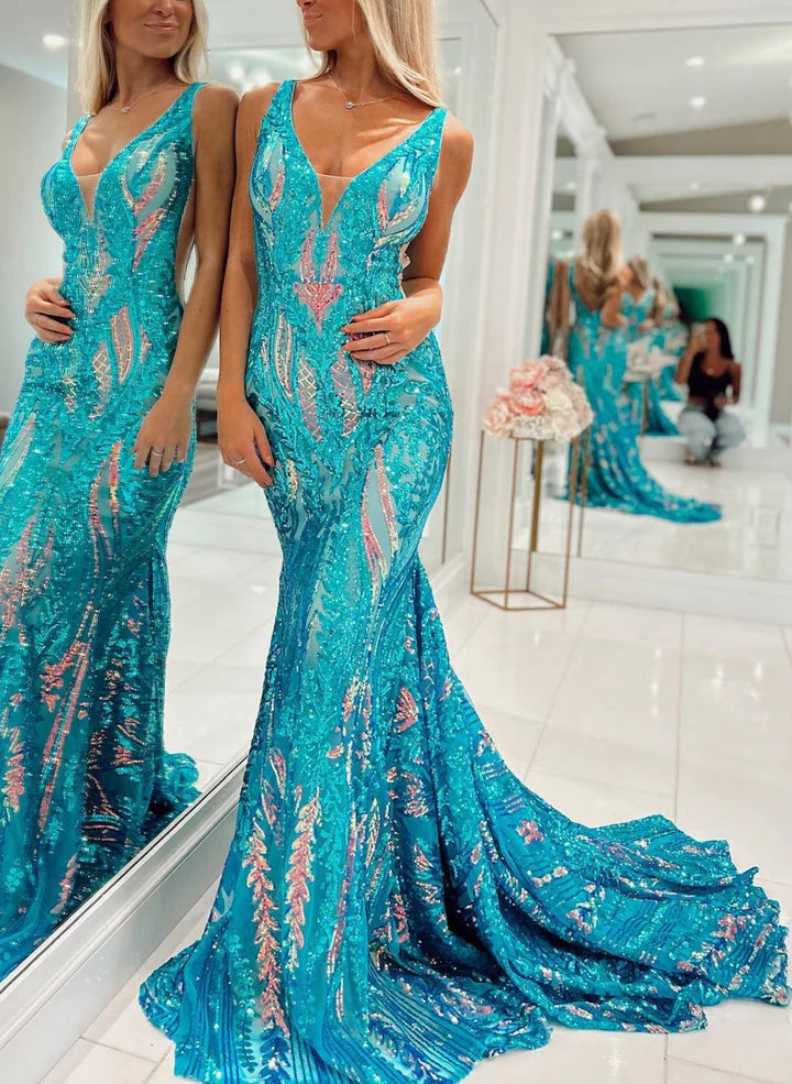 Sparkly Trumpet/Mermaid V-Neck Sleeveless Floor-Length Long Prom Dresses With Sequins