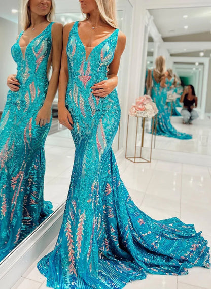 Sparkly Trumpet/Mermaid V-Neck Sleeveless Floor-Length Long Prom Dresses With Sequins