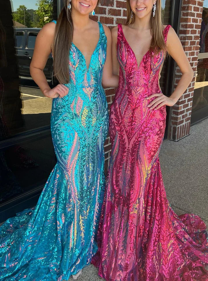 Green Trumpet/Mermaid V-Neck Sleeveless Floor-Length Long Prom Dresses With Sequins