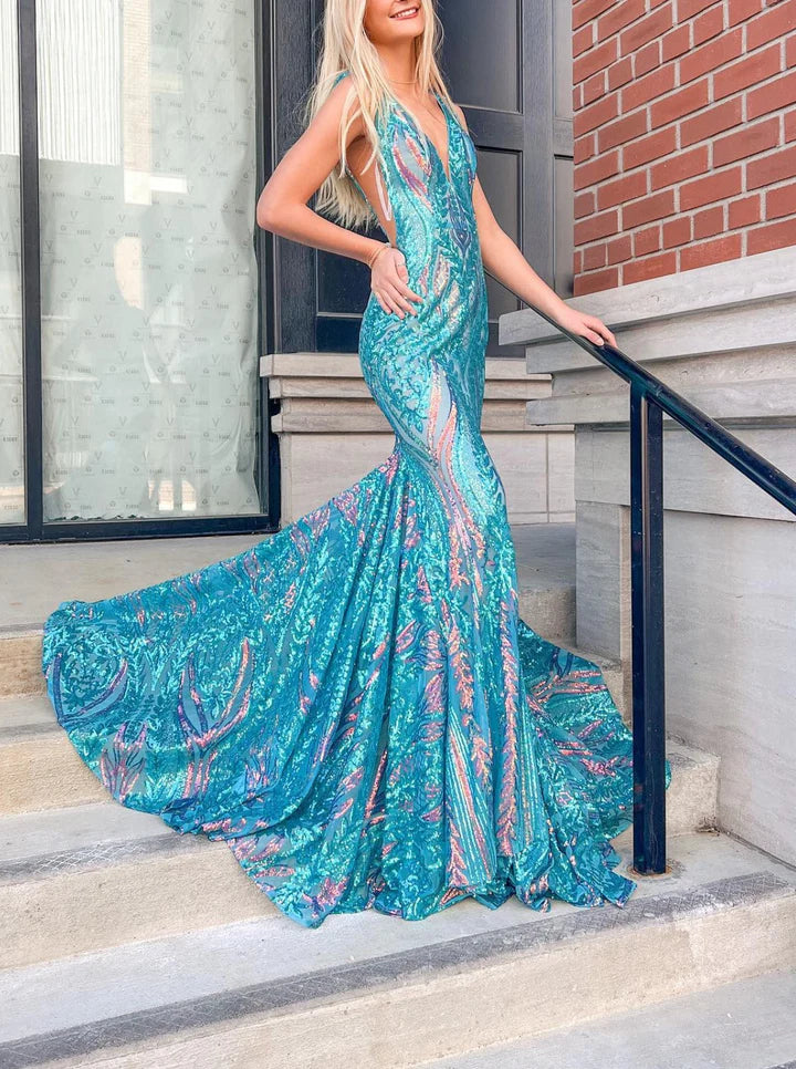 Sparkly Trumpet/Mermaid V-Neck Sleeveless Floor-Length Long Prom Dresses With Sequins