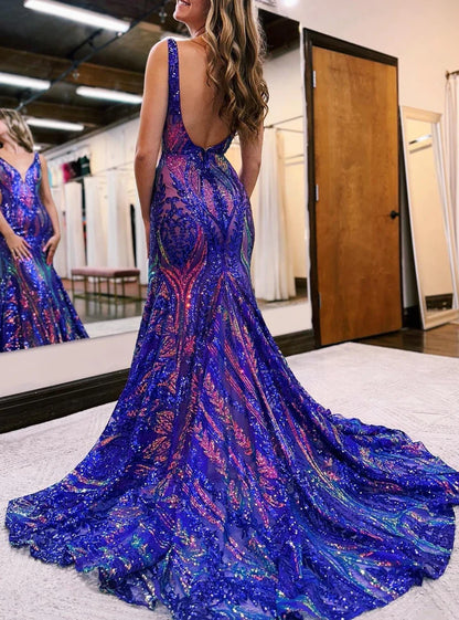 Sparkly Trumpet/Mermaid V-Neck Sleeveless Floor-Length Long Prom Dresses With Sequins