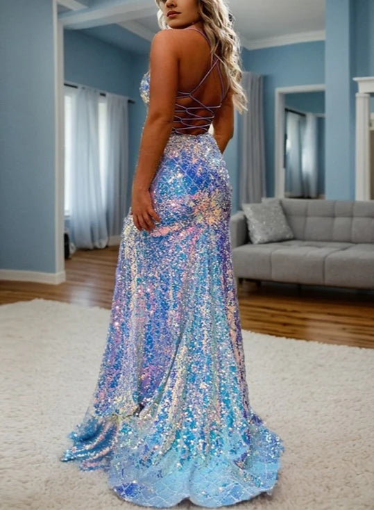 Trumpet/Mermaid Spaghetti Straps V-Neck Sleeveless Floor-Length Long Prom Dresses With Split Side