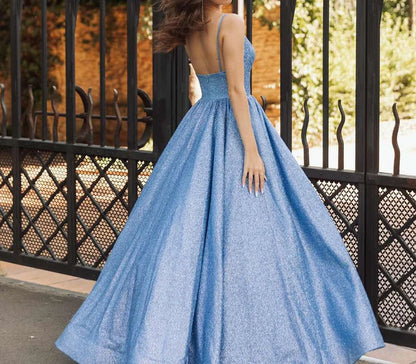 Ball Gown Spaghetti Straps V-Neck Sleeveless Floor-Length Long Prom Dresses