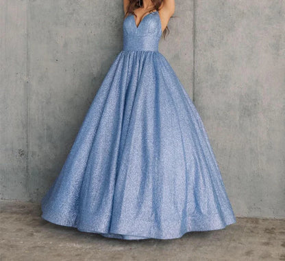 Ball Gown Spaghetti Straps V-Neck Sleeveless Floor-Length Long Prom Dresses