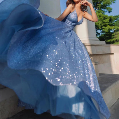 Ball Gown Spaghetti Straps V-Neck Sleeveless Floor-Length Long Prom Dresses