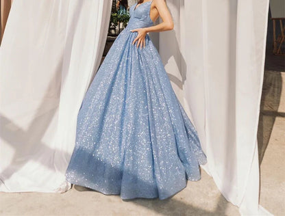 Ball Gown Spaghetti Straps V-Neck Sleeveless Floor-Length Long Prom Dresses