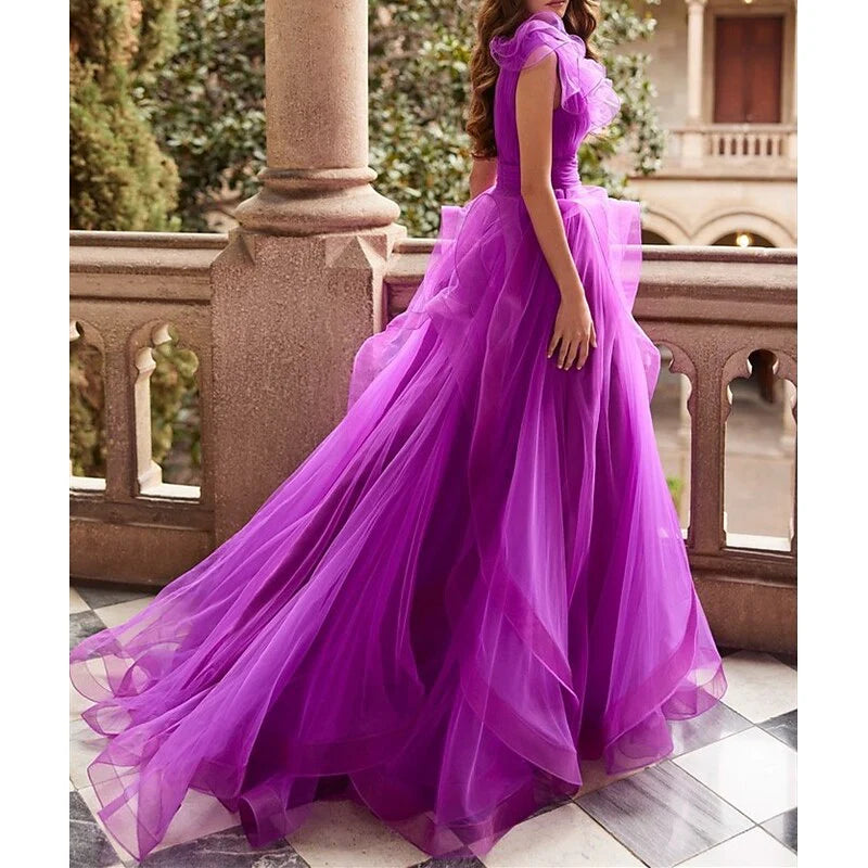 A-Line/Princess V Neck Sleeveless Floor-Length Prom Dresses With Ruffles