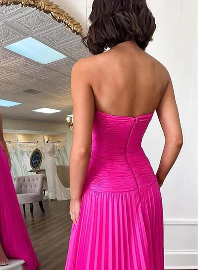 A-Line/Princess Sleeveless Strapless Prom Dresses With Pleats Ruched