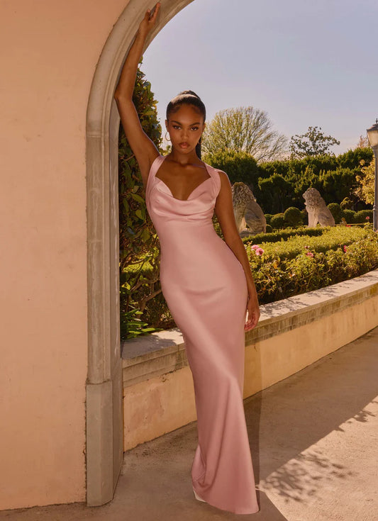 Mauve Pink Satin Cowl Neck Open Back Twist Strap Maxi Prom Dress