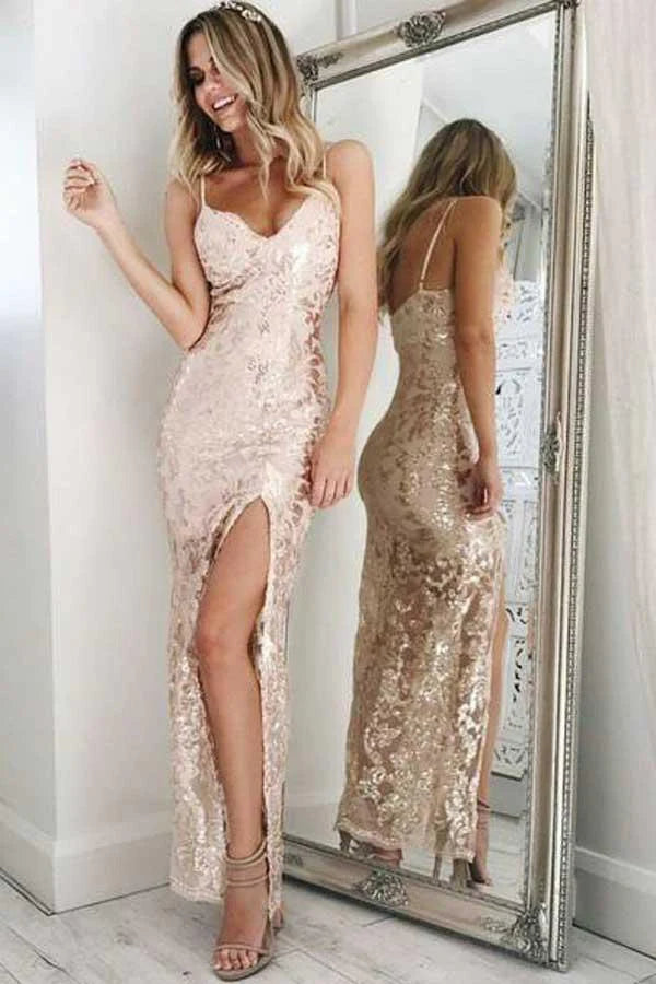 Vestido de fiesta de sirena, largo hasta los tobillos, color rosa perla, con tirantes finos, escote en V y lentejuelas. 