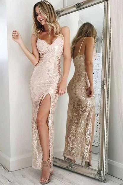 Vestido de fiesta de sirena, largo hasta los tobillos, color rosa perla, con tirantes finos, escote en V y lentejuelas. 