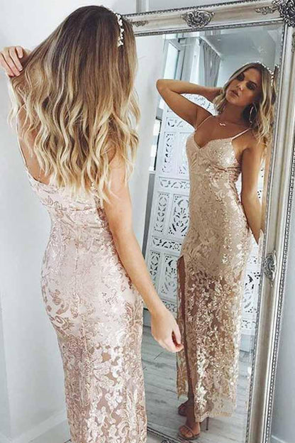 Vestido de fiesta de sirena, largo hasta los tobillos, color rosa perla, con tirantes finos, escote en V y lentejuelas. 