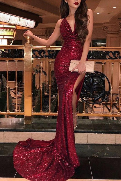 Vestidos de fiesta formales con escote en V, tirantes finos y abertura lateral en color burdeos y sirena