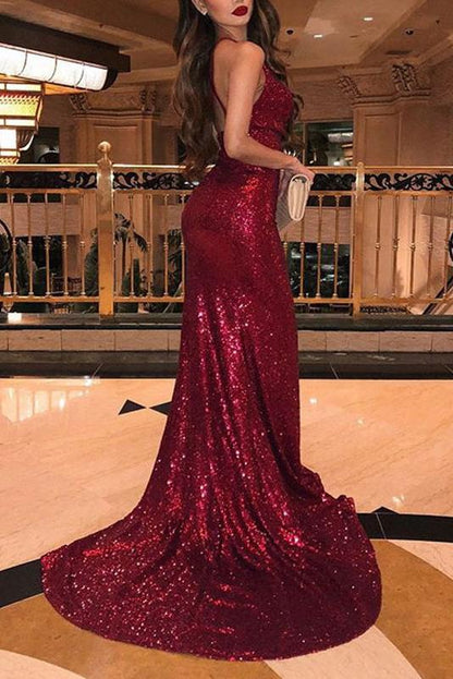 Vestidos de fiesta formales con escote en V, tirantes finos y abertura lateral en color burdeos y sirena