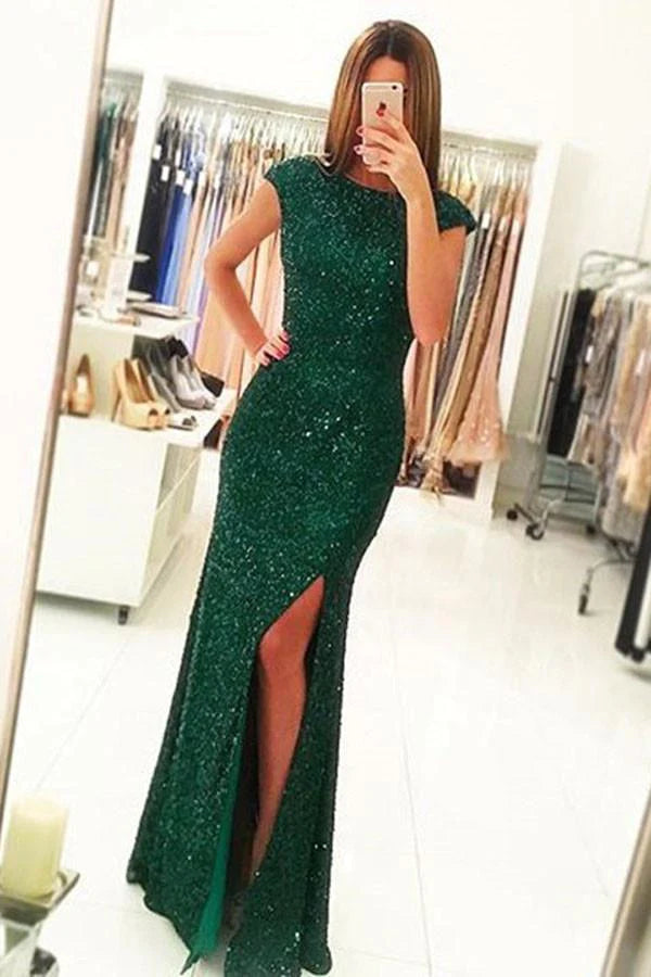 Vestido de fiesta verde oscuro de sirena con espalda abierta, mangas largas tipo casquillo y abertura frontal con lentejuelas 