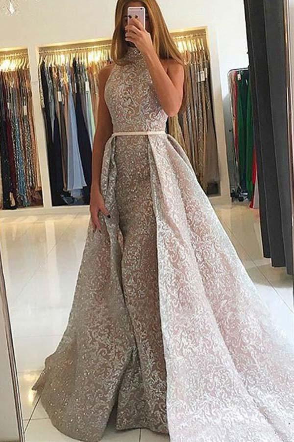 Vestidos de fiesta largos formales de sirena con cuello alto y lentejuelas de encaje desmontables 