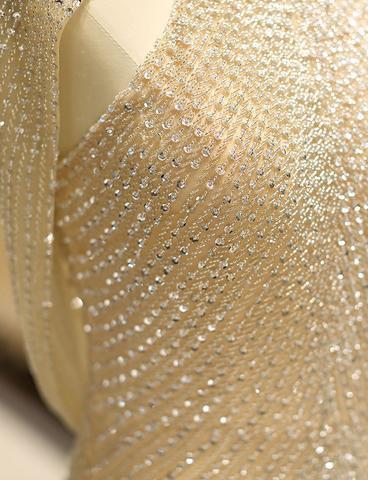 Vestido de fiesta de sirena con cuello alto, largo hasta el suelo, abertura en el hombro, dorado, con lentejuelas y abalorios