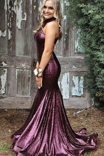 Vestidos de noche de sirena con cuello alto y lentejuelas moradas, vestidos de fiesta económicos sin mangas 