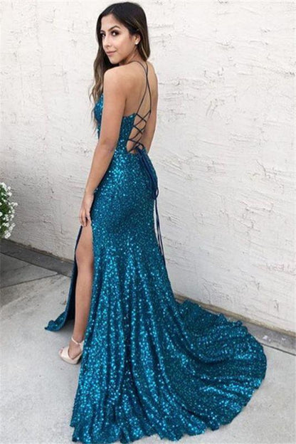 Vestidos de fiesta de sirena con lentejuelas, cuello halter, espalda descubierta y cuentas, con abertura lateral, económicos. 