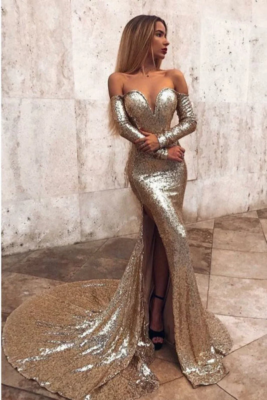 Vestido de fiesta largo de sirena con abertura y lentejuelas doradas con mangas 