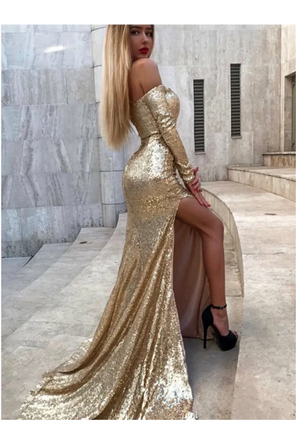 Vestido de fiesta largo de sirena con abertura y lentejuelas doradas con mangas 